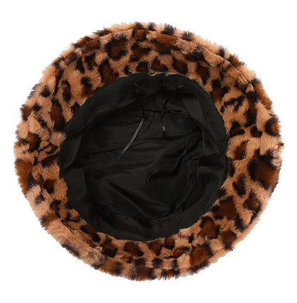 Women’s Winter Leopard Print Fisherman Hat – Versatile Plush Bucket Hat, Warm Pot-Style Headwear