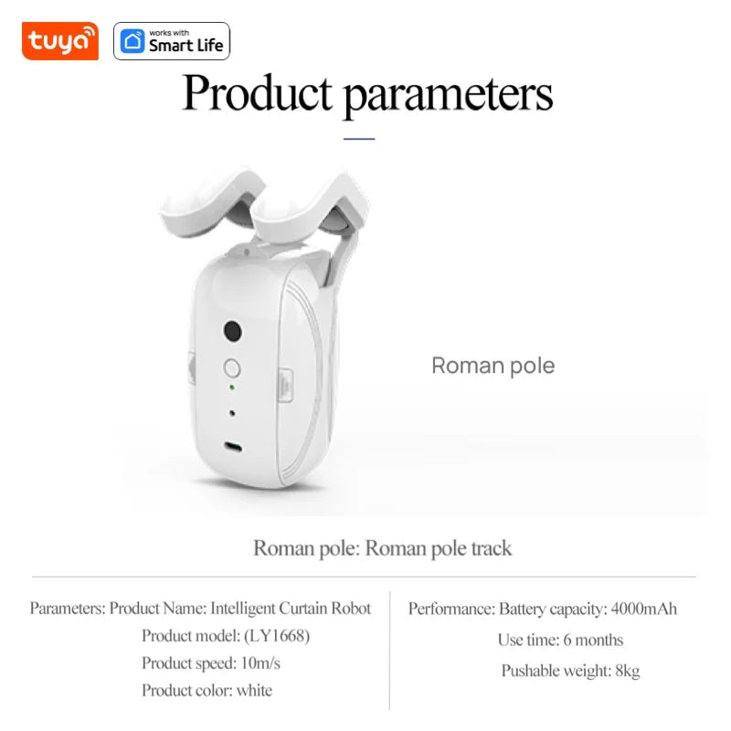Tuya Smart Curtain Robot – Roman Rod Track with APP Control, Single/Double, Compatible with Tuya Gateway for Remote Control