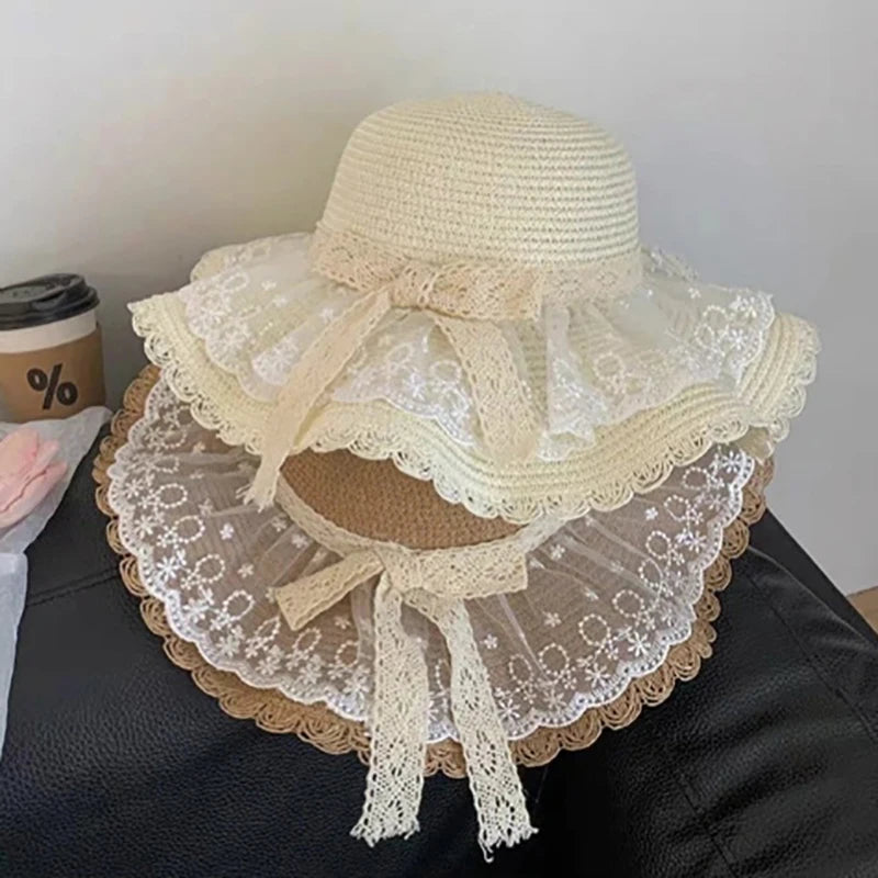Funny Women’s Lace Straw Hat – Wide Brim Floppy Beach Sun Hat with Solid Fringe, Summer Outdoor Cap