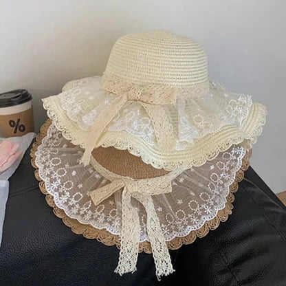 Funny Women’s Lace Straw Hat – Wide Brim Floppy Beach Sun Hat with Solid Fringe, Summer Outdoor Cap