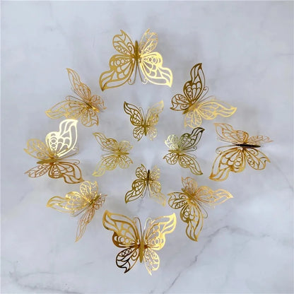 12PCS 3D Hollow Butterfly Wall Stickers – Gold, Silver & Rose Decorative Decals for Wedding, Living Room & Home Decor