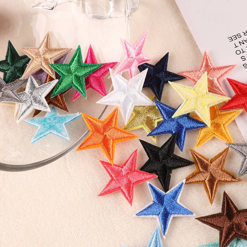 10Pcs Mini Star Embroidery Iron-On Patches – DIY Clothing Appliques Pentagram Stickers for Jackets, Jeans & Bags (Black, White, Gold)