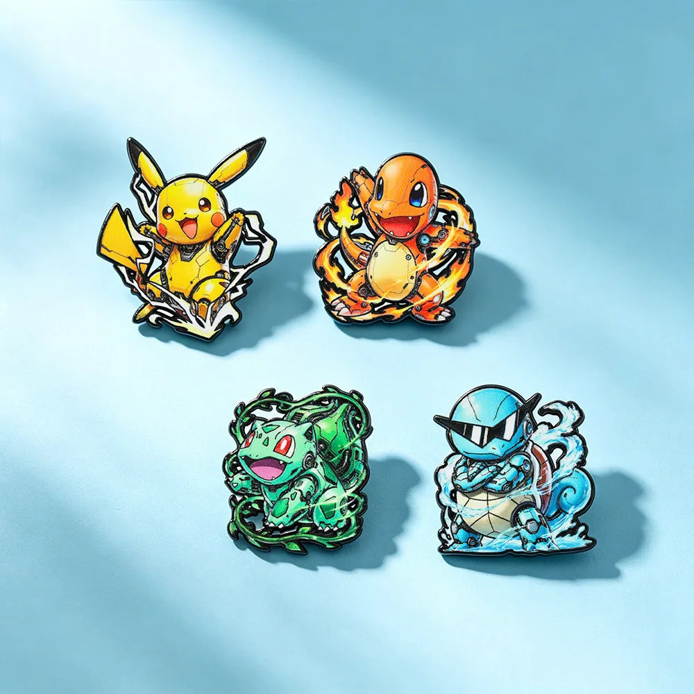 4-Piece Pokémon Enamel Pin Set - Charmander, Bulbasaur & Squirtle Metal Brooch Badges for Backpacks and Anime Fans