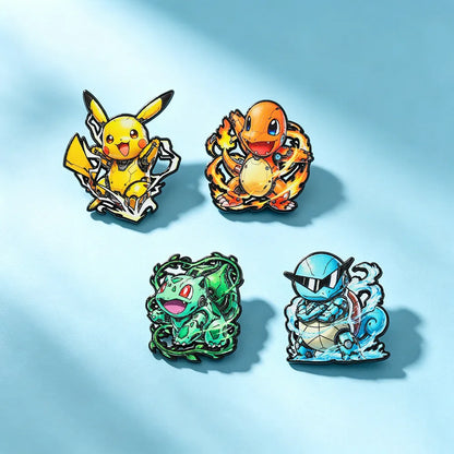 4-Piece Pokémon Enamel Pin Set - Charmander, Bulbasaur & Squirtle Metal Brooch Badges for Backpacks and Anime Fans