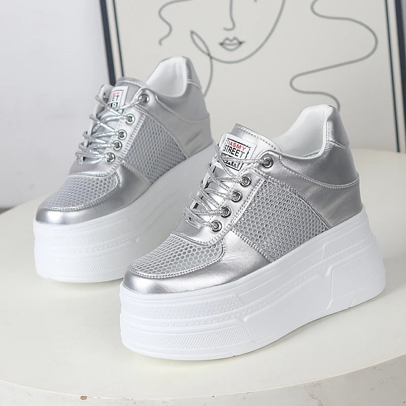 Women’s Genuine Leather Platform Sneakers – 12CM Wedge Casual Breathable Hidden Heel Zapatillas Mujer