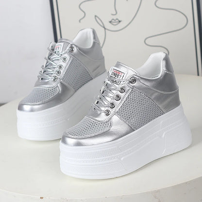 Women’s Genuine Leather Platform Sneakers – 12CM Wedge Casual Breathable Hidden Heel Zapatillas Mujer
