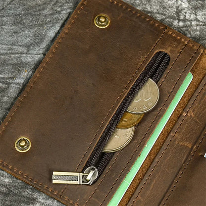 Men’s Genuine Leather Short Wallet with Chain – Trifold Zipper Clutch, Card Holder & Coin Purse