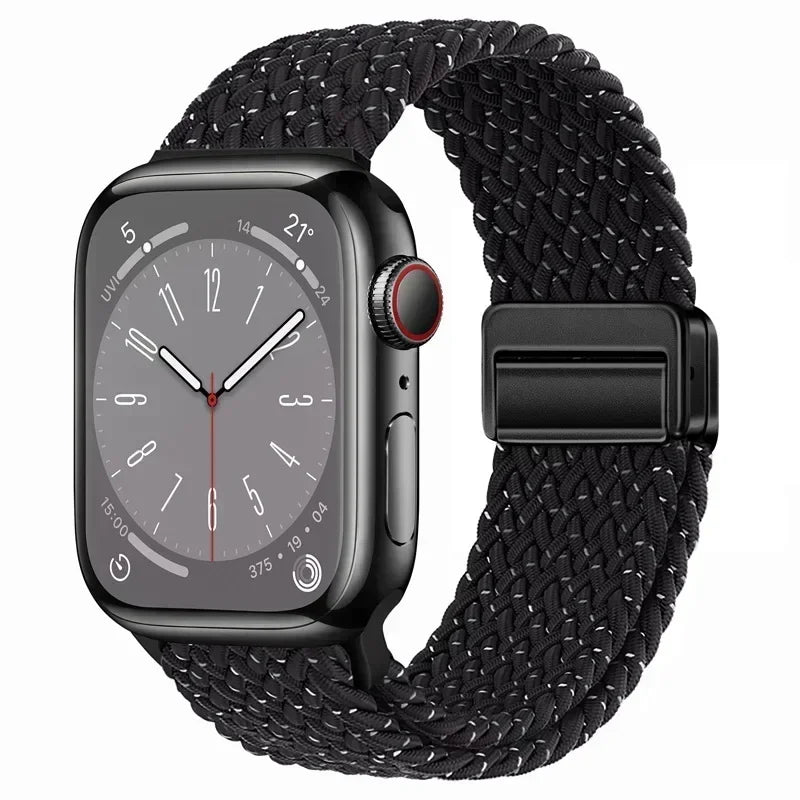 Nylon Braided Loop Apple Watch Band – Magnetic Metal Bracelet Strap for Ultra 2, Series 3–9 & SE (40mm–49mm) Adjustable Wristband