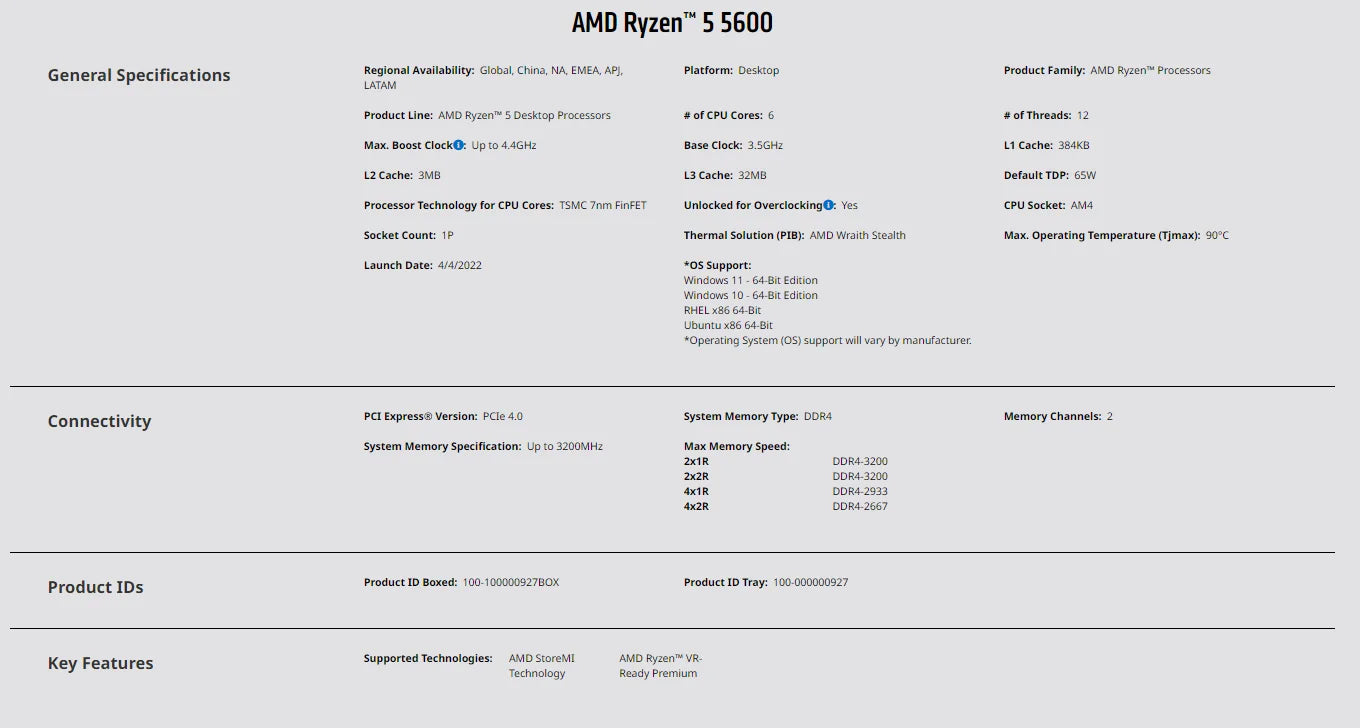 NEW AMD Ryzen 5 5600 – 3.5GHz 6-Core 12-Thread CPU Processor, 7nm, L3=32MB, Socket AM4