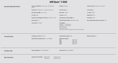 NEW AMD Ryzen 5 5600 – 3.5GHz 6-Core 12-Thread CPU Processor, 7nm, L3=32MB, Socket AM4