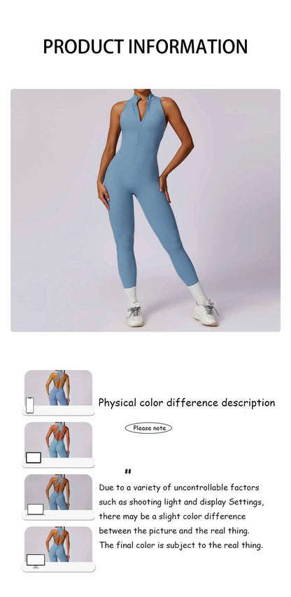 Women’s V-Back One-Piece Sports Jumpsuit — Sleeveless Yoga Romper with Zipper Workout Bodysuit