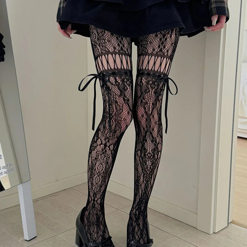 Women's JK Lace Bow Stockings - Sexy Floral Hollow Out Pantyhose for Cosplay, Party & Night Club Fashion