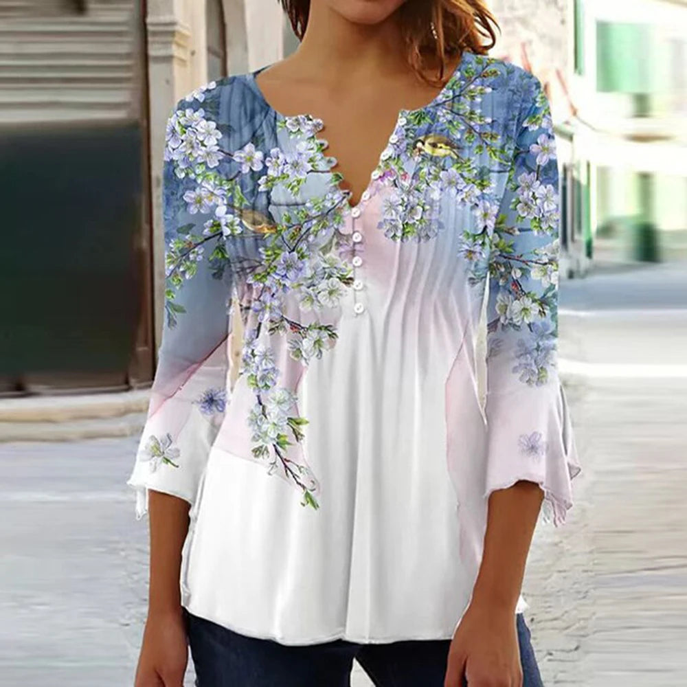 2024 Trendy 3D Printed Women’s Blouse Shirt – V Neck Button-Up 3/4 Sleeve Elegant Spring Summer Fashion Top
