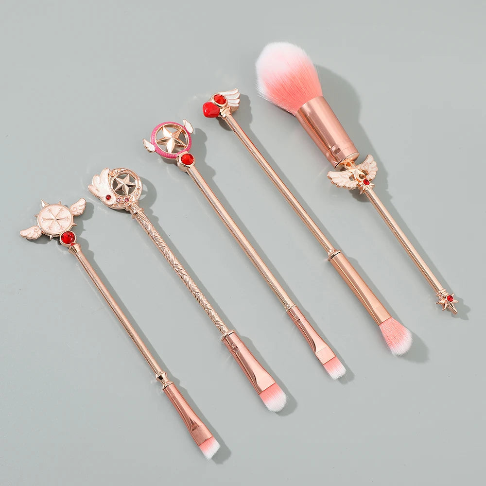 5-Piece Sakura Makeup Brush Set - Soft Fluffy Metal Handle Powder, Eyeshadow & Eyebrow Brushes
