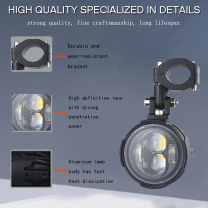 100W Dual Color Motorcycle Headlight Fog Lights - LED Auxiliary Driving Spotlight with Flasher, Pair