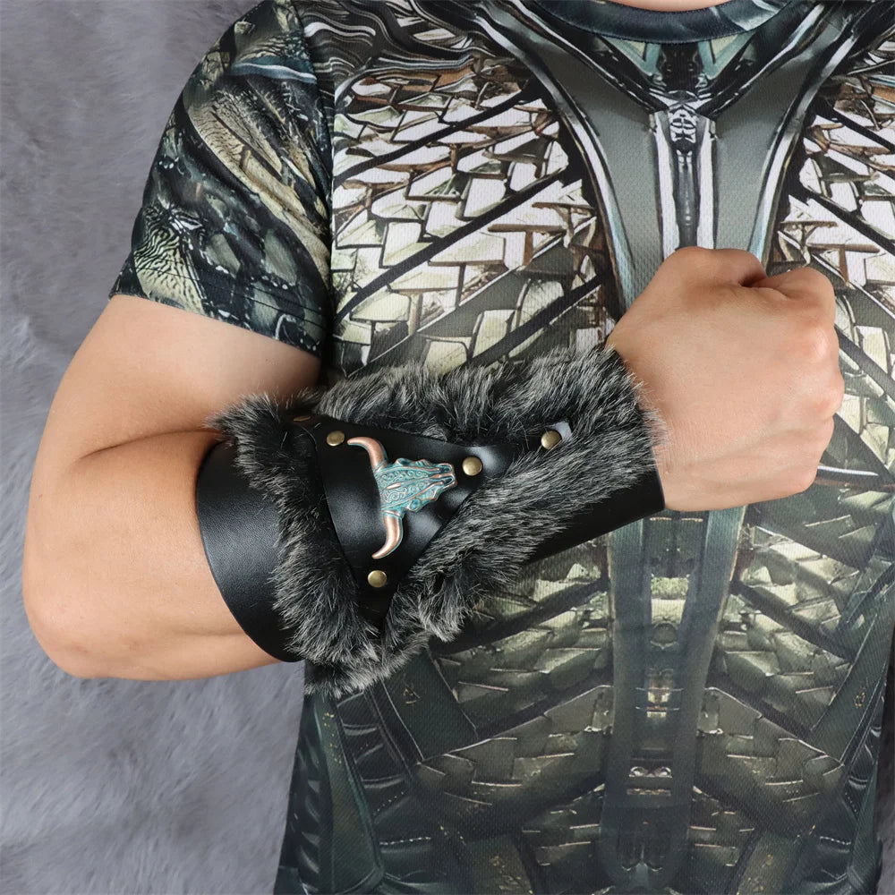 Medieval PU Leather Armor Arm Warmers – Fur Trim Bracer, Lace-Up Viking Knight Gauntlet Wristband Cosplay Props