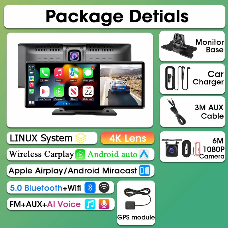 Srnubi 10.26 Inch Dash Cam Rearview Mirror - CarPlay & Android Auto DVR with GPS Navigation, Video Dashboard Monitor