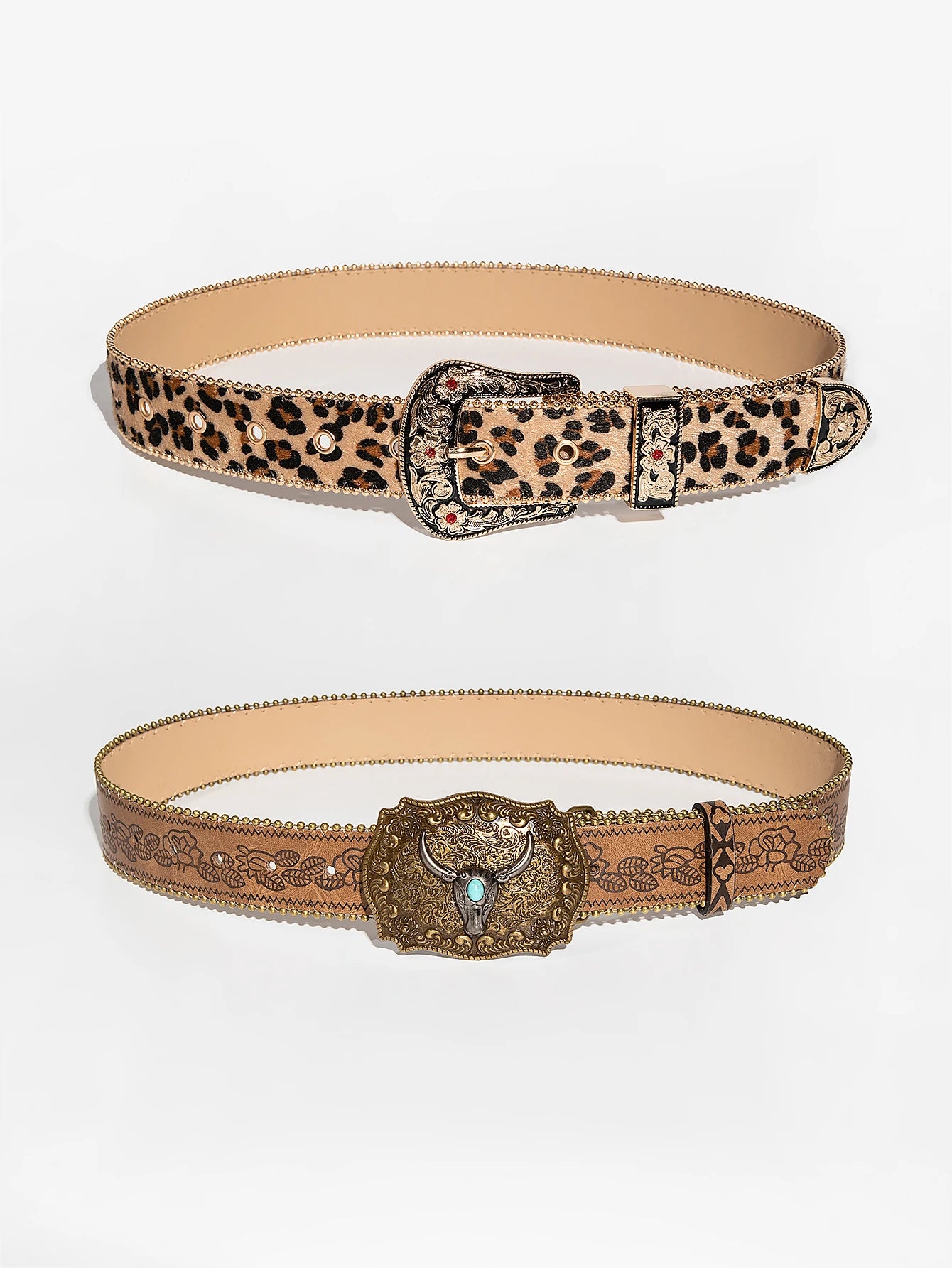 Vintage Gemstone Buckle Waist Belt - Leopard Floral Embossed Design with Pearl Edge for Women