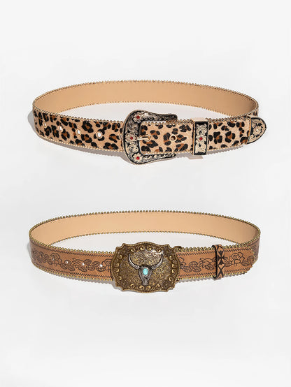 Vintage Gemstone Buckle Waist Belt - Leopard Floral Embossed Design with Pearl Edge for Women