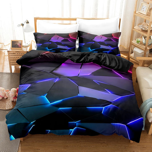 Colorful Glowing Polygon Grid Bedding Set - Duvet Cover with Pillowcases for Twin, Queen & King Sizes