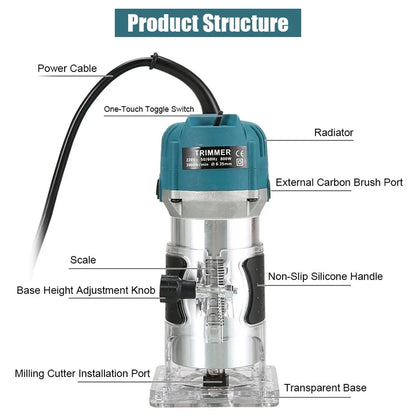 800W 30000RPM Electric Wood Router – 1/4 Inch Woodworking Trimmer & Carving Milling Tool