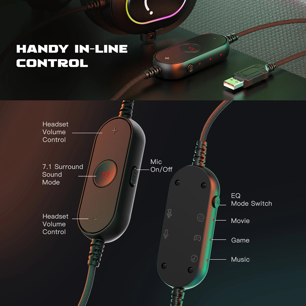 Fifine RGB Dynamic Gaming Headset — Over-Ear Mic Headphones with 7.1 Surround Sound & 3 EQ Modes for PC, PS4, PS5, Games & Music