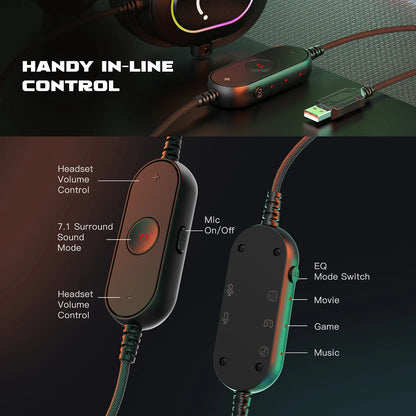 Fifine RGB Dynamic Gaming Headset — Over-Ear Mic Headphones with 7.1 Surround Sound & 3 EQ Modes for PC, PS4, PS5, Games & Music