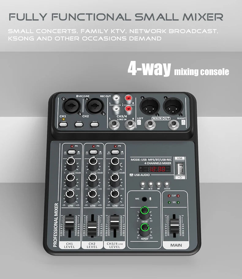 4-Channel Audio Mixer — USB Studio Mixer with 48V Phantom Power & Bluetooth for DJ & Karaoke