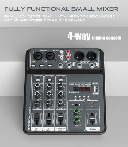 4-Channel Audio Mixer — USB Studio Mixer with 48V Phantom Power & Bluetooth for DJ & Karaoke
