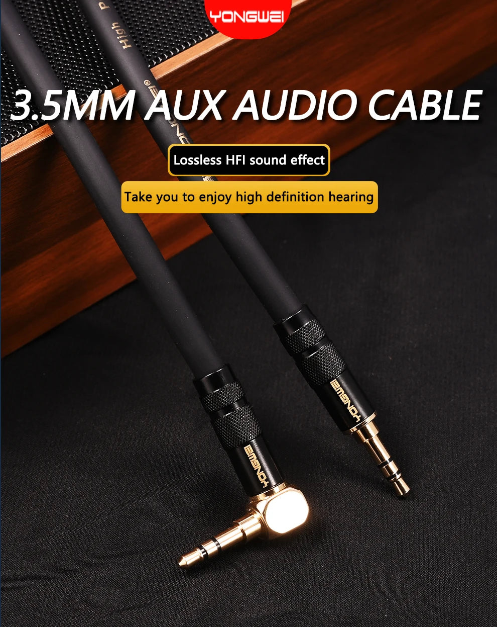 YONGWEI 3.5mm AUX Audio Cable - Straight to Curved Male-to-Male for Car, Mobile Phone, Computer, Speaker and Headset Extension