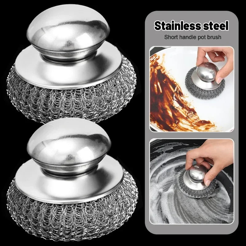 Stainless Steel Pot Brush with Handle – Heavy Duty Dishwashing Wire Ball for Pot & Pan Cleaning (5/1 Pcs)