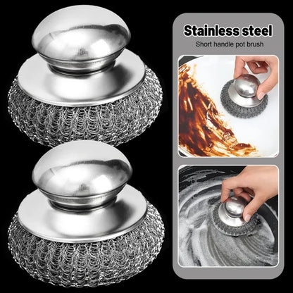 Stainless Steel Pot Brush with Handle – Heavy Duty Dishwashing Wire Ball for Pot & Pan Cleaning (5/1 Pcs)