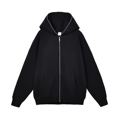 Men’s Harajuku Zip-Up Hoodie Jacket – Retro Black Oversized Long Sleeve Sweatshirt Coat