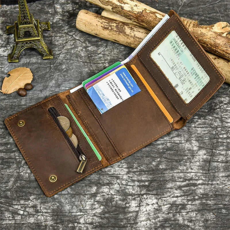 Men’s Genuine Leather Short Wallet with Chain – Trifold Zipper Clutch, Card Holder & Coin Purse