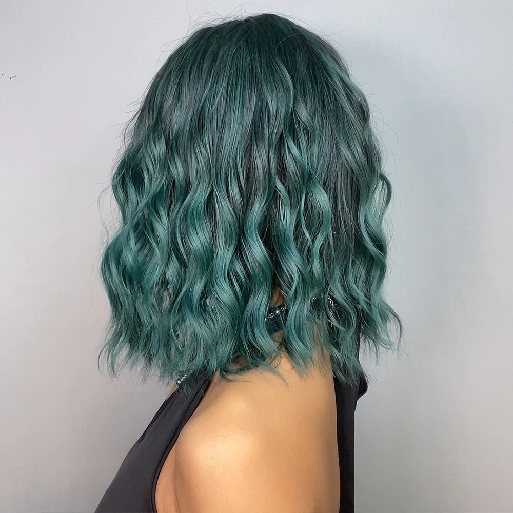 Short Wavy Green Synthetic Wig for Women – Green Cosplay Bob Wig with Bangs, Lolita Party Hair, Heat-Resistant Natural Fake Hair