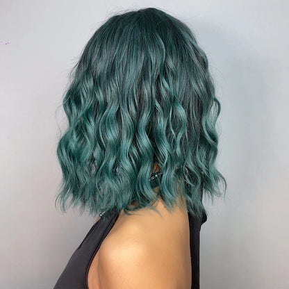 Short Wavy Green Synthetic Wig for Women – Green Cosplay Bob Wig with Bangs, Lolita Party Hair, Heat-Resistant Natural Fake Hair