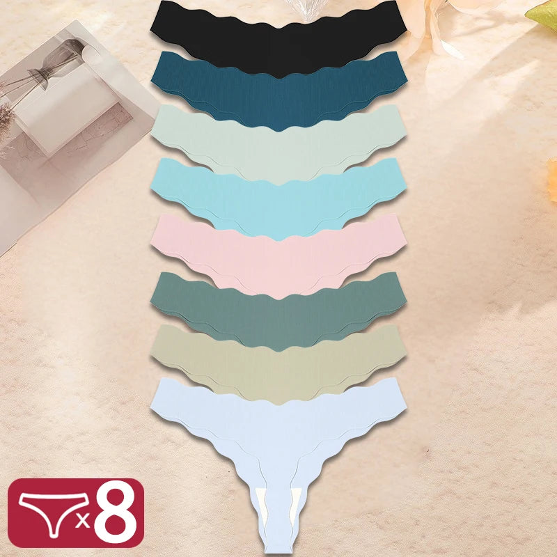 8Pcs Women’s Seamless G-String Panties - Ice Silk Elastic Thong Underwear Set for Comfort & Everyday Wear