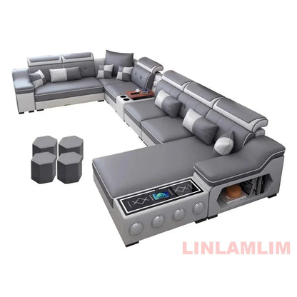 Linlamlim Modern Sectional Sofa Set - Fabric Chaise Lounge with Bluetooth Speakers & USB Charging Ports for Living Room