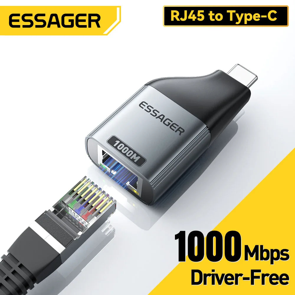 Essager Type-C to Ethernet Adapter – 100/1000Mbps Gigabit RJ45 to Type-C Adapter for MacBook, Laptop Wired Network Card
