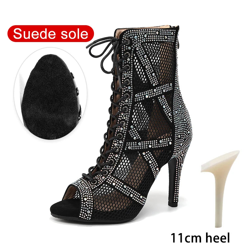 Women’s Rhinestone Latin Dance Boots - Shiny Jazz Dance Shoes with Slim High Heels