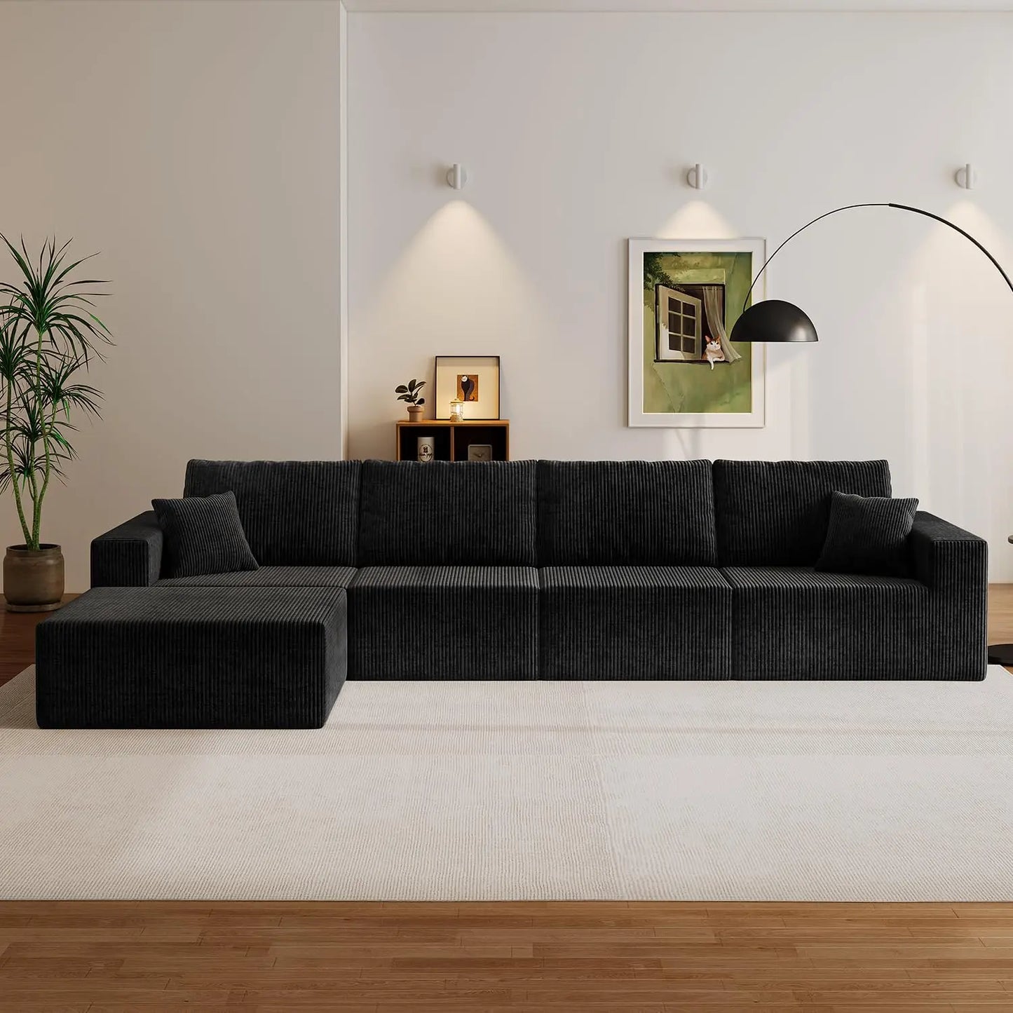 139" Cloud Sectional Sofa – Deep Seat Modular L-Shape Corduroy Couch, Frameless 4-Seater Living Room Sofa with Left Chaise (Black)