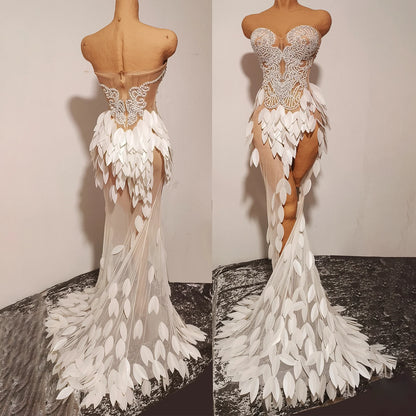 3D Gold Feather Rhinestone Split Dress - Evening Dance, Catwalk & Stage Performance Outfit