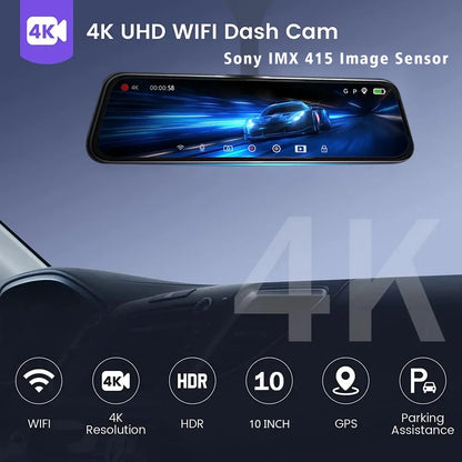 10'' 4K Mirror Dash Cam with GPS & WiFi – Dual Lens Car DVR, IPS Screen, Rearview Streaming Recorder