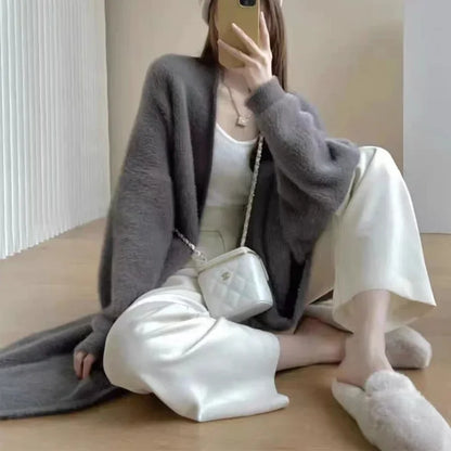 2024 Long Cardigan Women’s Knitted Sweater Jacket – Spring & Autumn Crochet, Loose Fit, Pockets, Winter Maxi Warm Jumper Coat
