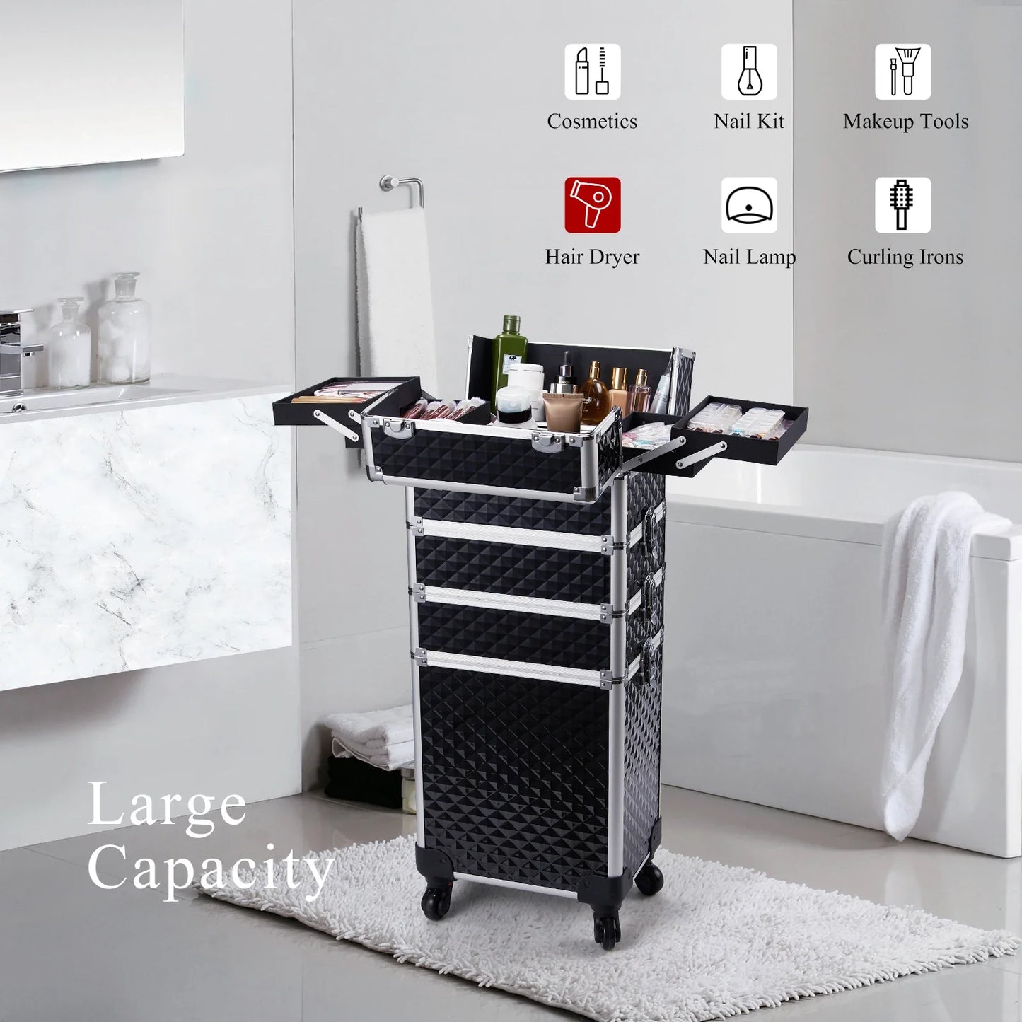 Makeup Trolley Case 4-in-1 — Detachable Alloy Train Briefcase with Wheels, Lockable Large Capacity Storage for Nail Manicure Salon