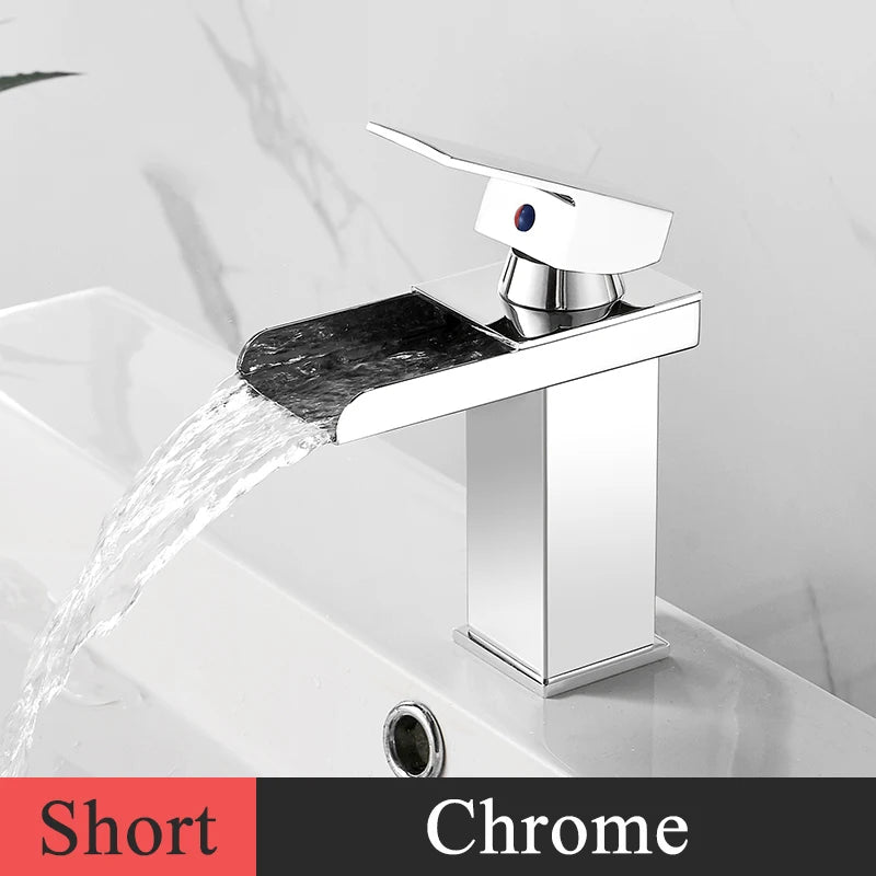 Bathroom Basin Sink Faucet - Deck Mount Waterfall Spout Tap with Single Handle, Hot & Cold Water Mixer for Vanity Washbasin