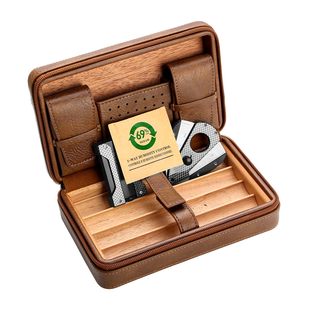 GALINER Cigar Humidor Box – Travel Leather Case with Cedar Wood Lining, Includes or Excludes Lighter, Cigar Cutter & Humidity Control Pack