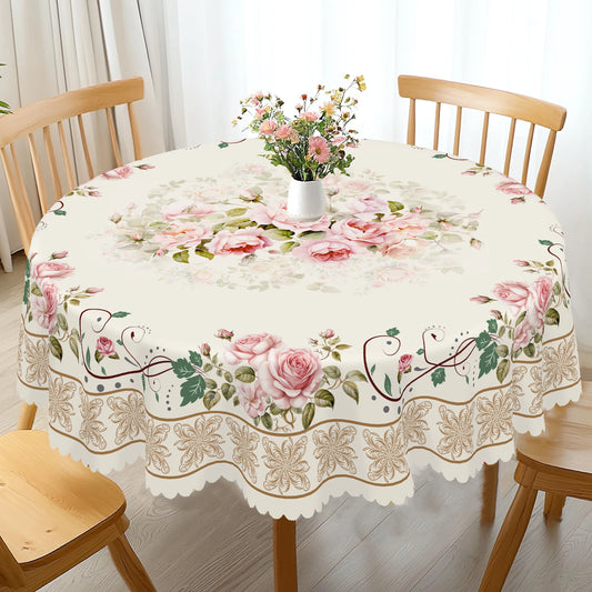 Floral Round Tablecloth – Vintage Pattern with Embossed Edge, 5 Sizes, Spring Garden Decoration for Home, Kitchen, Patio & Easter