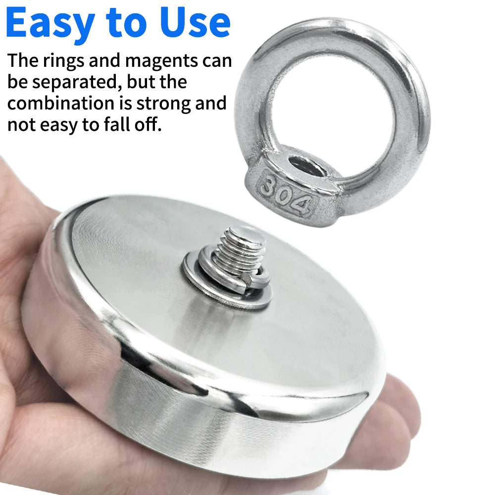 D16~D42mm Super Strong Neodymium Fishing Hook Magnet — N52 Heavy Duty Rare Earth Eyebolt with Countersunk Hole for Salvage