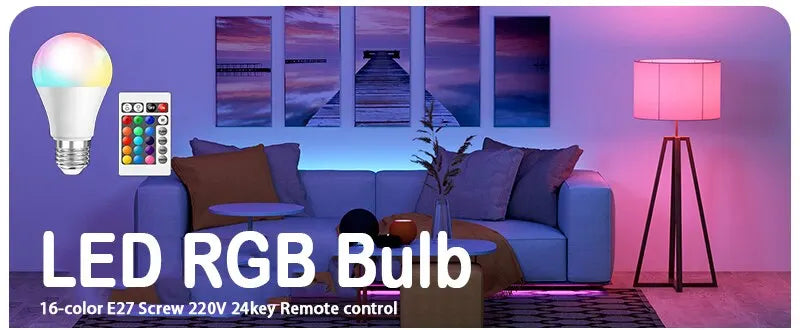16-Color RGB LED Bulb E27 – Dimmable Smart Lamp with 24-Key Remote Control for Household Lighting & Atmosphere